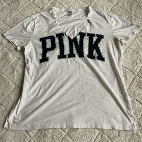Victoria's Secret PINK | White Logo Cut Out Campus Crew Tee | Size Medium - Picture 4 of 12